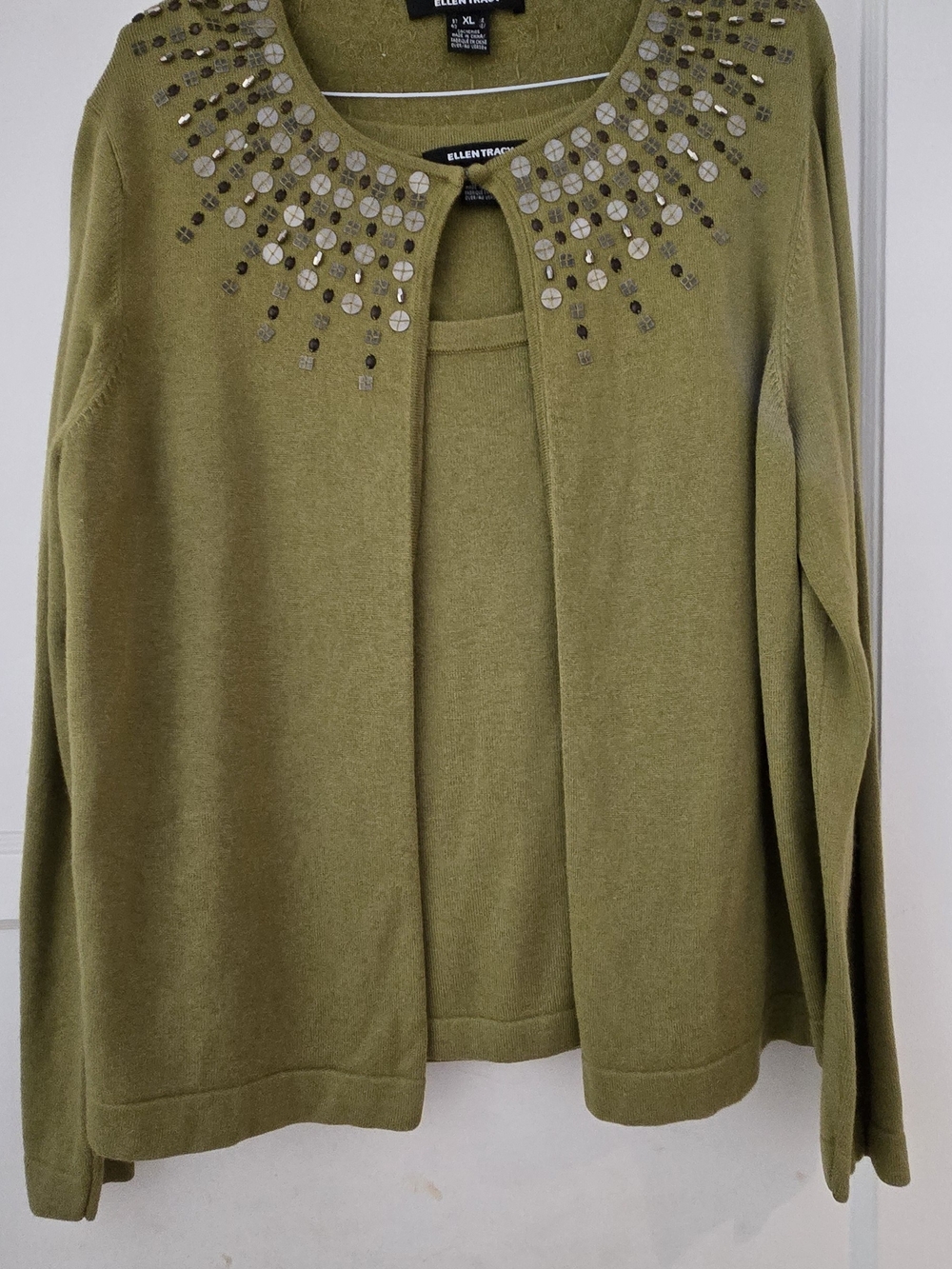 Ellen Tracy Olive Green Embellished Open Cardigan